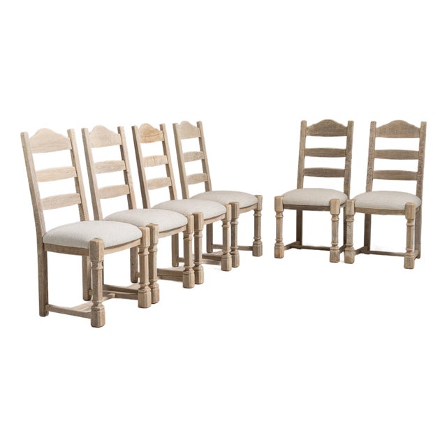 Set of Six 1970s French Beige Oak Dining Chairs with Upholstered Seats For Sale