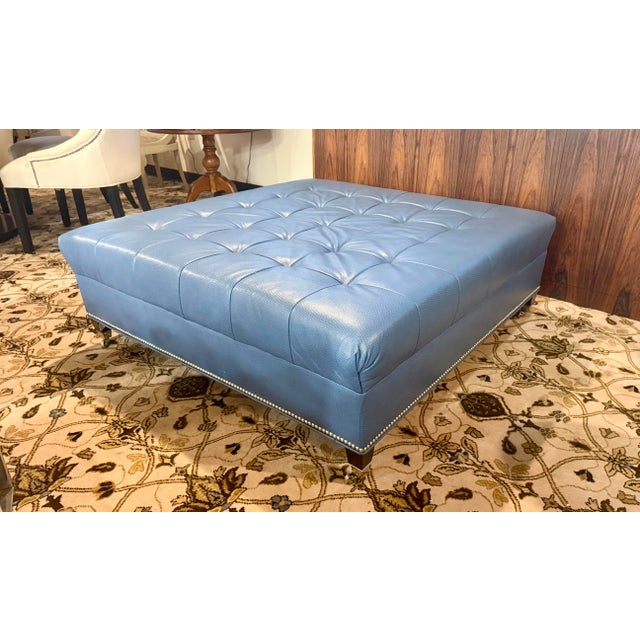 Transitional Tufted Blue Leather Ottoman or Cocktail Table With Nailheads Four Feet by Four Feet For Sale - Image 3 of 4