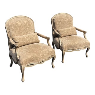 Pair of French Louis XV Style Oversized Carved Bergere Armchairs With Accent Pillows by Bernhardt For Sale