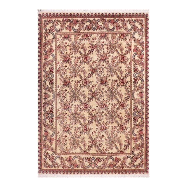 Shabby Chic Floral 1990's Pak-Persian Ivory/Ivory Wool Rug - 9'1'' X 12'1'' For Sale