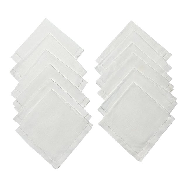 Vintage Cocktail or Luncheon Napkins – White Hemstitched - Table Linens - Dinner Napkins - Set of 12 For Sale