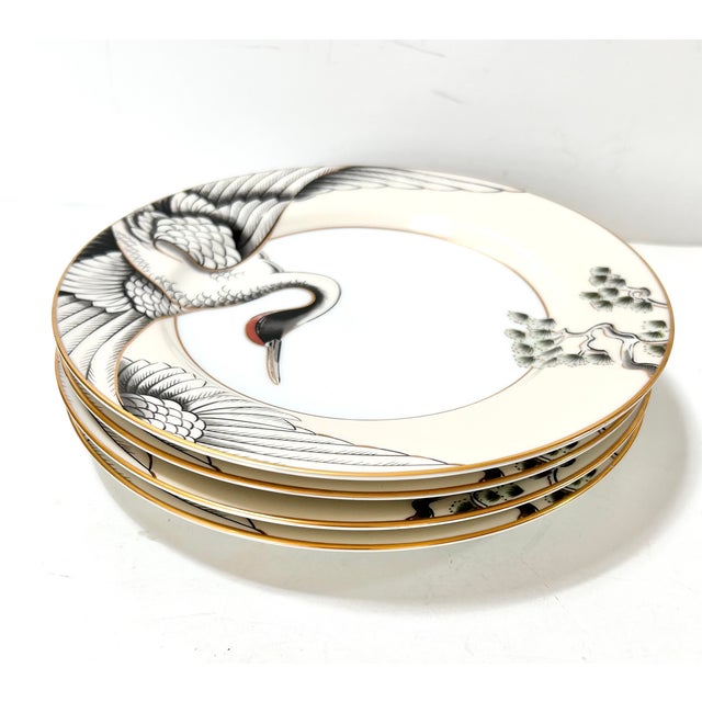 Fitz & Floyd Japanese Crane Dinner Plates – Gold Rim Porcelain Tableware Set of 4 For Sale - Image 9 of 12