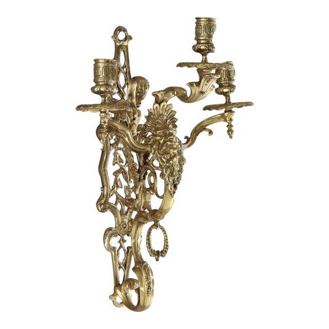 Antique Figural Gilt Bronze Three-Candle Wall Sconce With Mask C1920 For Sale