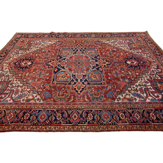 1920s Antique Persian Heriz Red Handmade Wool Rug With Medallion Design For Sale - Image 5 of 11