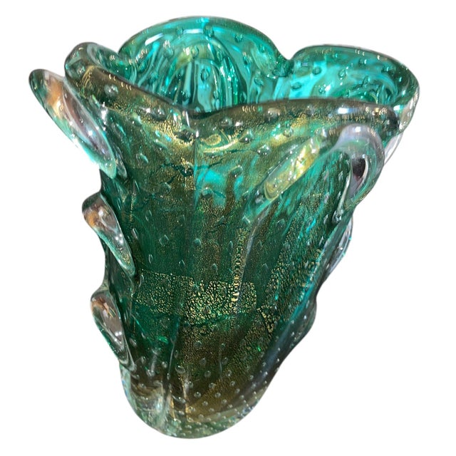 Green Seguso Murano Green & Gold Aventurine Art Glass Vase. Mid-20th Century. For Sale - Image 8 of 9