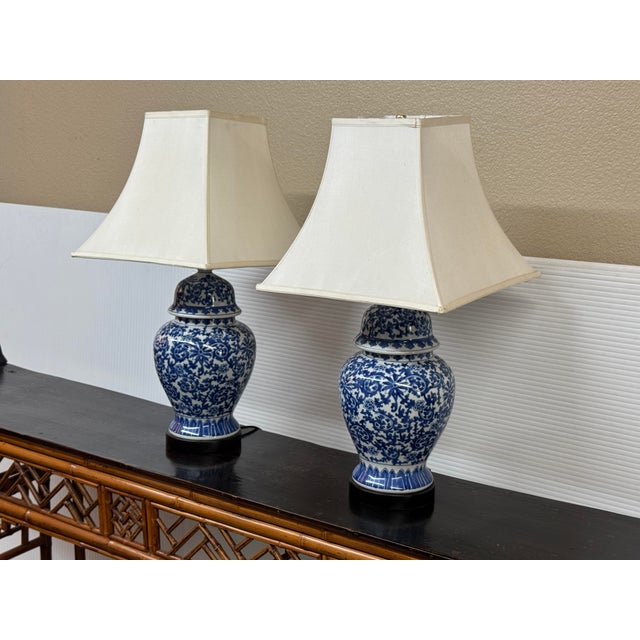 Blue & White Ginger Jar Table Lamps, Pair For Sale - Image 4 of 12