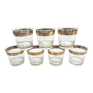 Vintage Mid Century Modern Glasses Low Ball Old Fashioned Set Textured Gold Barware For Sale