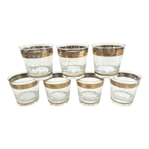 Vintage Mid Century Modern Glasses Low Ball Old Fashioned Set Textured Gold Barware