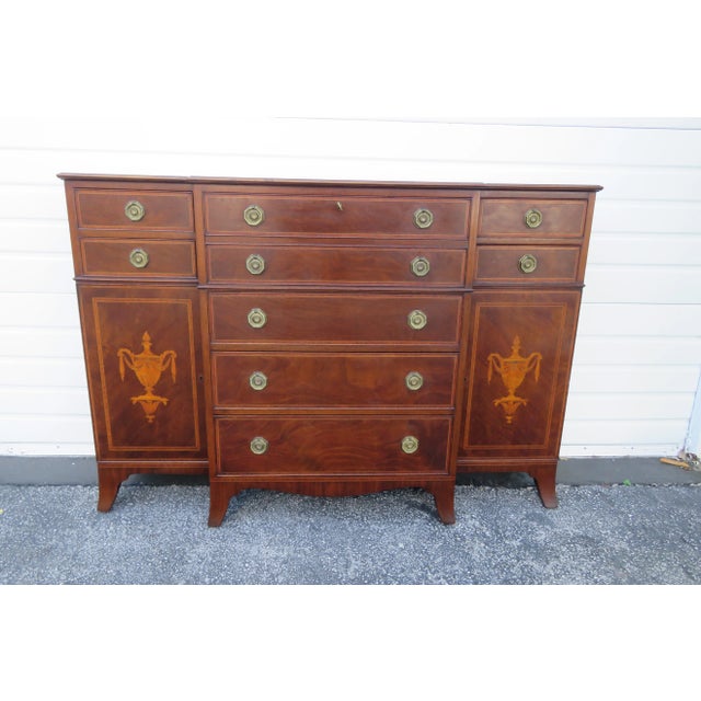 Traditional Mahogany Inlay 2 Part Breakfront China Display Cabinet With Desk For Sale - Image 3 of 12