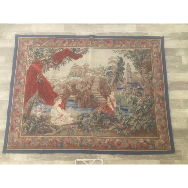 French Aubusson Tapestry in the Allegorical Style . Beautiful colors and details figures drapes building botanicals and a...