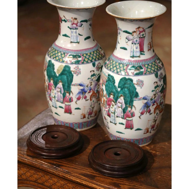 Pair of Mid-Century Chinese Famille Rose Porcelain Vases on Wood Bases For Sale - Image 9 of 12