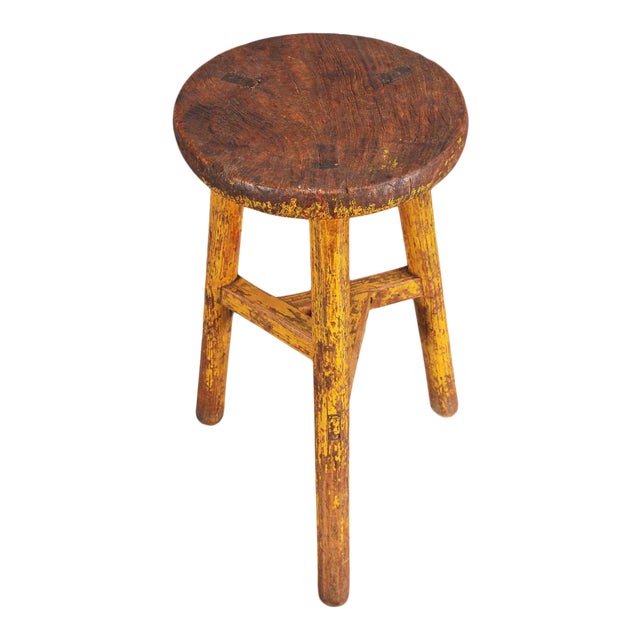 Distressed Painted Yellow Stool For Sale