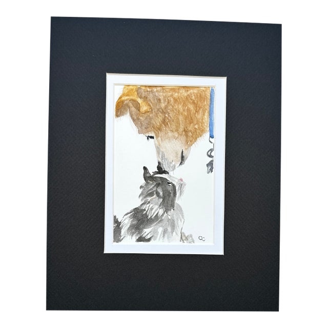 Original Watercolor Miniature Painting “Dog and Cat” For Sale