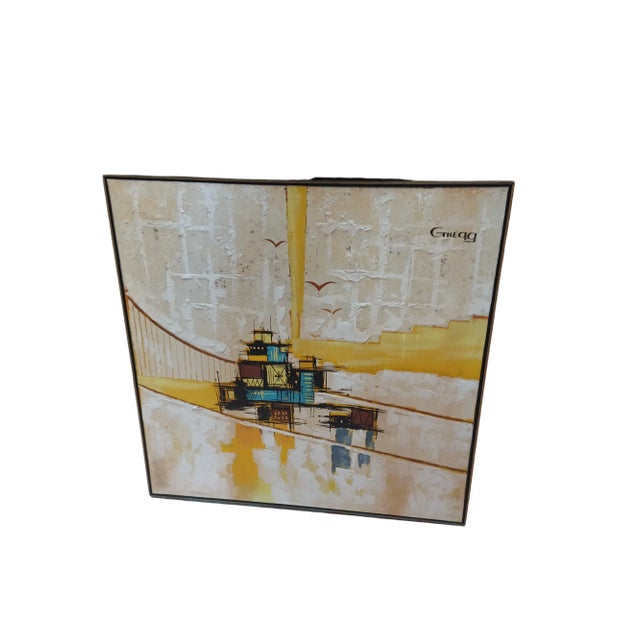 Vintage Framed Abstract Oil Painting on Canvas of Geometrical Figures For Sale - Image 4 of 4