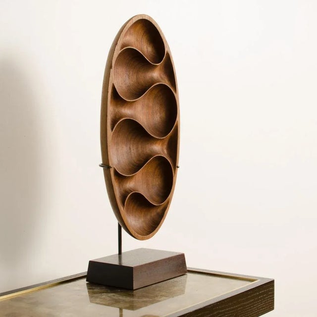 Carved Wood Almond Shaped Scuplture and Base, Contemporary.