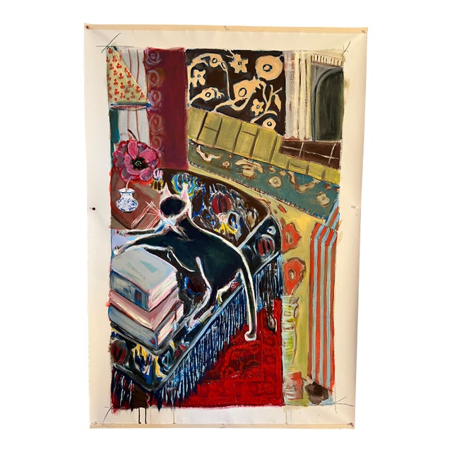 Dozing Cat, a large original work on unstretched canvas. Cat is navy blue (not black or dk. brown), dozing on an ottoman....