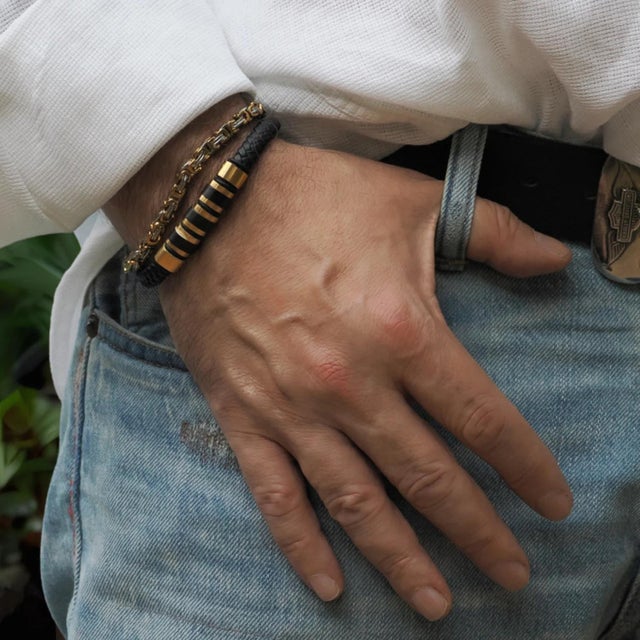 Men's Style Fashion Black Leather & Gold Bracelet For Sale - Image 4 of 7