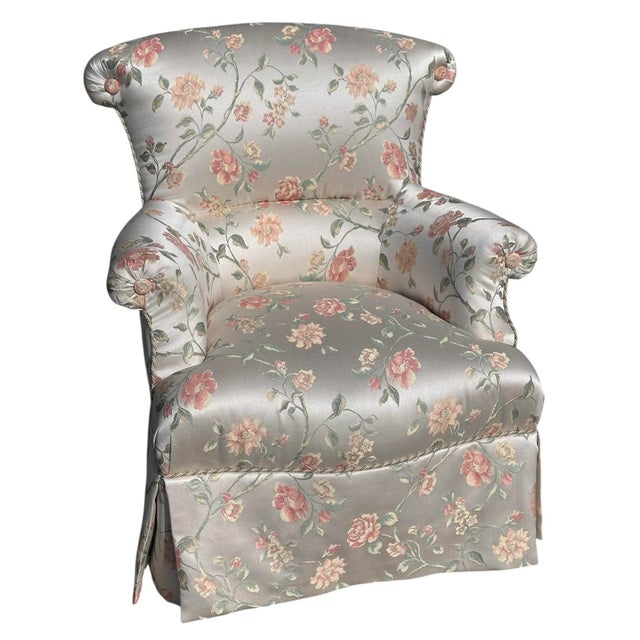 Scalamandre Silk Floral Upholstered Swivel Slipper Chair - 1 of 2 Available. Provenance: Joanne Carson Estate