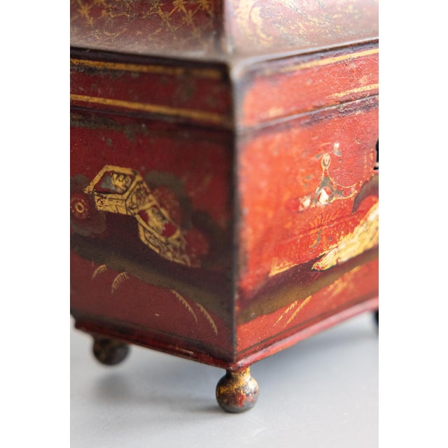 19th Century French Empire Chinoiserie Red Tole Tea Caddy Sarcophagus Box For Sale - Image 11 of 12