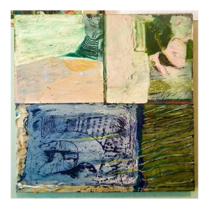 Francie Bishop Good, Shes Watching Mixed Media Painting Collage Wall Construction FIgural Abstraction, c.1980s