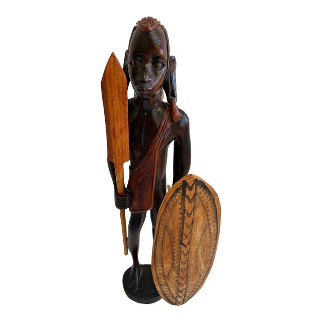 Vintage Hand-Carved Maasai Warrior Wood Sculpture For Sale