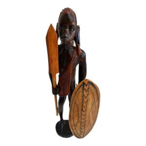 Vintage Hand-Carved Maasai Warrior Wood Sculpture