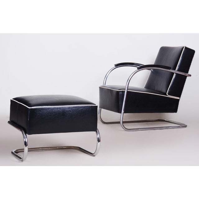 Bauhaus Armchair with Stool in Chrome attributed to Mücke-Melder, Czech, 1930s, Set of 2 For Sale - Image 6 of 12