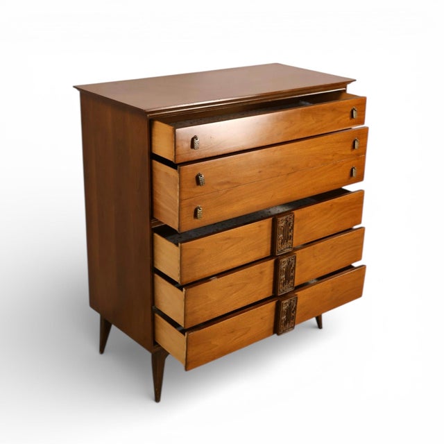 1960s Bassett Mayan Vintage MCM Tiki Highboy Dresser, C. 1960s For Sale - Image 5 of 10