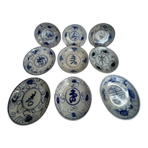 Collection Vintage Chinese Blue & White Porcelain Small Plates Calligraphy Longevity Symbol Decorative Saucers – Set of 9