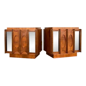 Mid 20th Century Brutalist Tobago Nightstands With Sculpted Door Fronts and Inset Smoked Mirrors - Pair