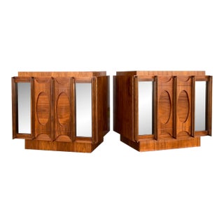 Pair of Mid Century Modern Brutalist Nightstands + Inset Smoked Mirrors | by Tobago For Sale