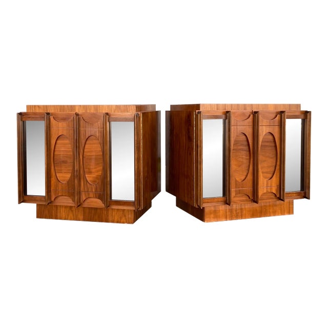 Pair of Mid Century Modern Brutalist Nightstands + Inset Smoked Mirrors | by Tobago For Sale