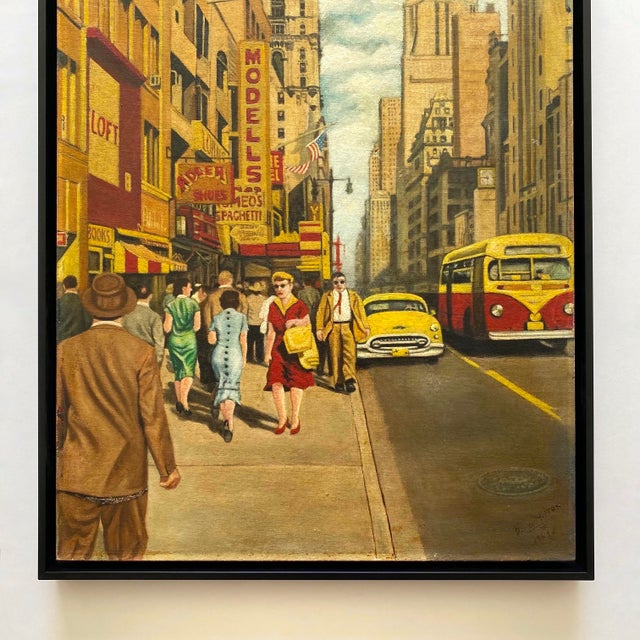 Mid-Century Modern Dave Milton Vintage 1959 Mid Century Modern Edward Hopper Style " 42nd Street and Fifth Avenue, New York City " Framed Original Realist Oil Painting For Sale - Image 3 of 18