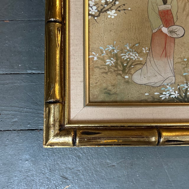 Asian 1970’s Asian Style Female Figure Painting on Cork Faux Bamboo Frame For Sale - Image 3 of 5