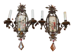 C1850 Antique Maison Bagues Paris Signed Hand Painted Art on Stone - Chinoiserie - Sconces - a Pair