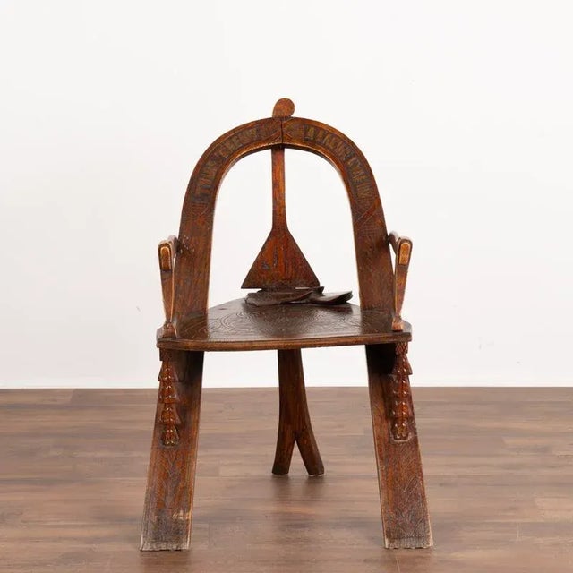 Rustic European Rustic Antique Hand-Carved Tri Leg Chair For Sale - Image 3 of 13
