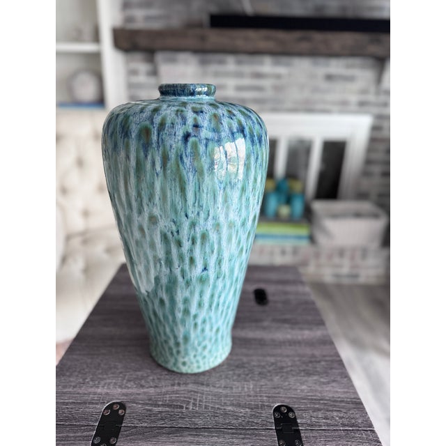 Peacock Feather Coastal Blues & Greens Glazed Pottery Vase For Sale - Image 4 of 6