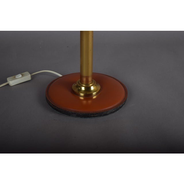 Metal Mid-Century Leather and Brass Table Lamp with Drum Shade, 1950s For Sale - Image 7 of 12
