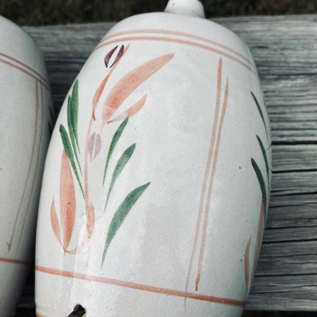 Light Gray Hand Painted Floral Stoneware Table Lamps by California Ceramic Designers Inc. - a Pair For Sale - Image 8 of 10