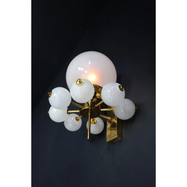 Mid-Century Brass Wall Light with Hand-Blown White Glass Globes, 1970s For Sale - Image 12 of 13