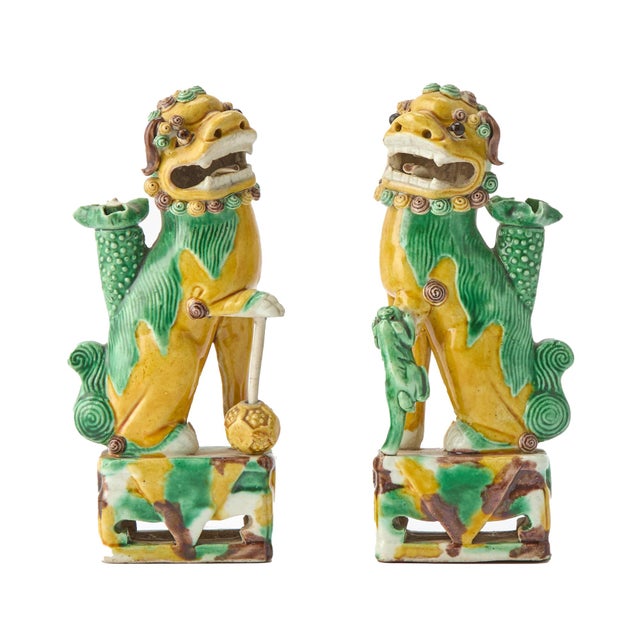 Chinese Sancai Guardians: Pair of Chinese Kangxi Biscuit Porcelain Fu Lions For Sale - Image 3 of 10