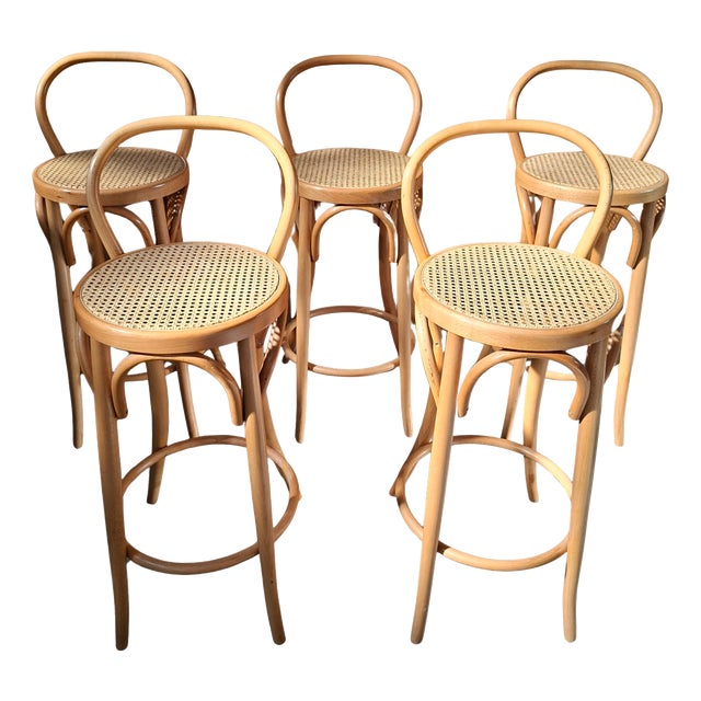 Stools in Bentwood and Vienna Straw in the style of Thonet, 1970s, Set of 5 For Sale