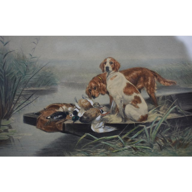 French C1895 Engraving Depicting Two Hunting Dogs W/ Ducks on a Boat For Sale - Image 4 of 5