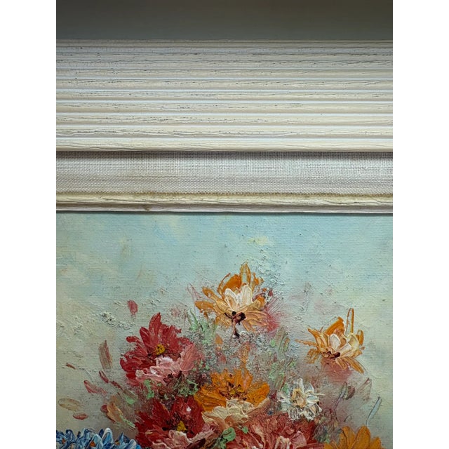 Mid 20th Century Vintage Impasto Oil Floral Still Life Oil Painting in Textured Cream Wood Frame For Sale - Image 5 of 8