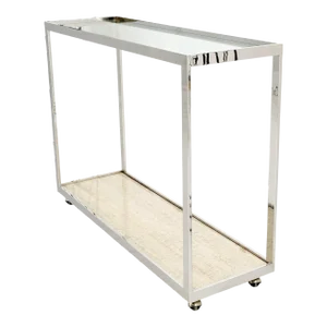 Polished Stainless Steel Glass Top Travertine Bottom Rectangle Console Table