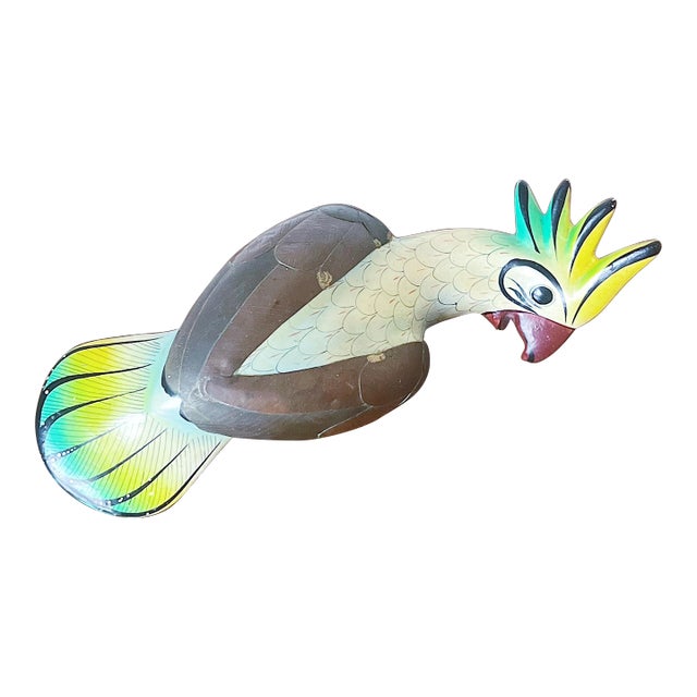 Mid-Century Hand Painted Tonala Mexico Cockatoo With Brass Wings For Sale