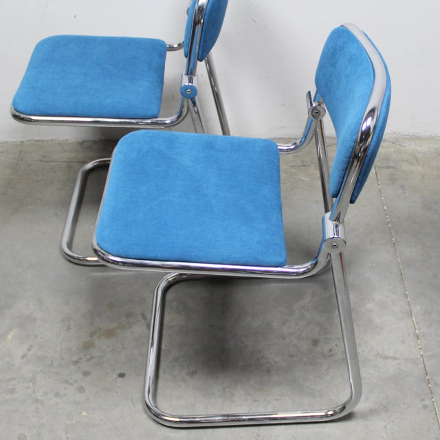 Textile Bauhaus Blue Chrome Chairs, 1970s, Set of 6 For Sale - Image 7 of 10