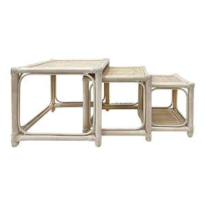 Vintage Coastal Set of 3 Rattan and Cane Nesting Tables