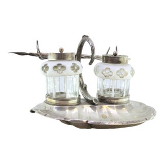 Silver and Glass Inkwell Shape of Shell with Reliefs and Applications, Two Glass Tanks and Pen Holder For Sale