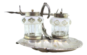 Silver and Glass Inkwell Shape of Shell with Reliefs and Applications, Two Glass Tanks and Pen Holder